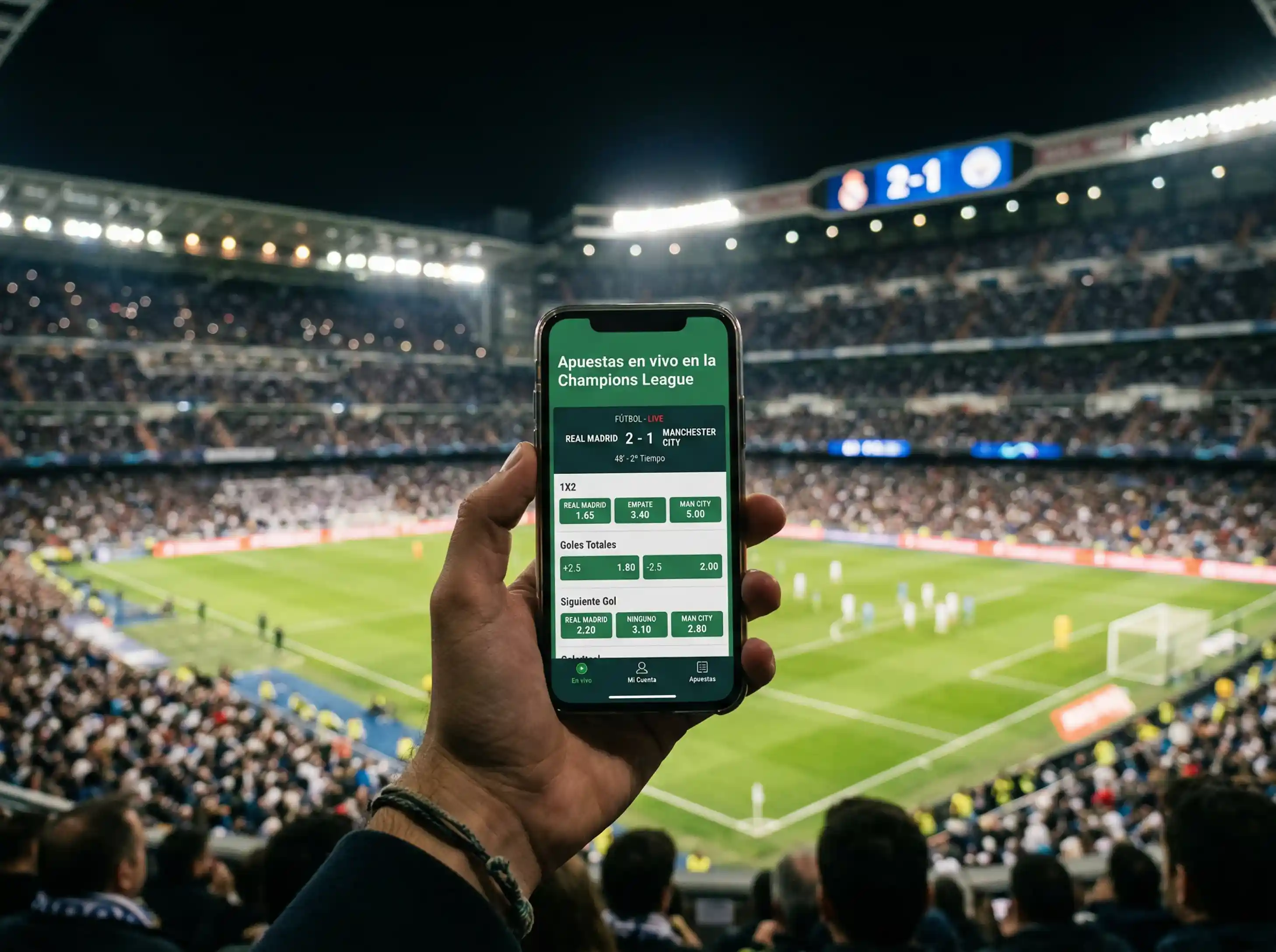Apuestas en vivo en la Champions League con pantalla de estadio iluminado