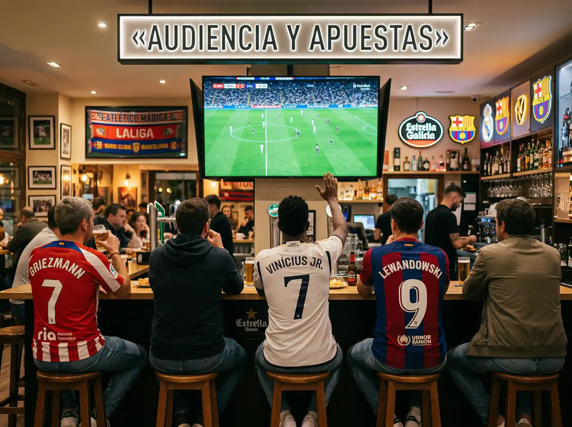 Aficionados viendo un partido de futbol en una pantalla grande en un bar deportivo