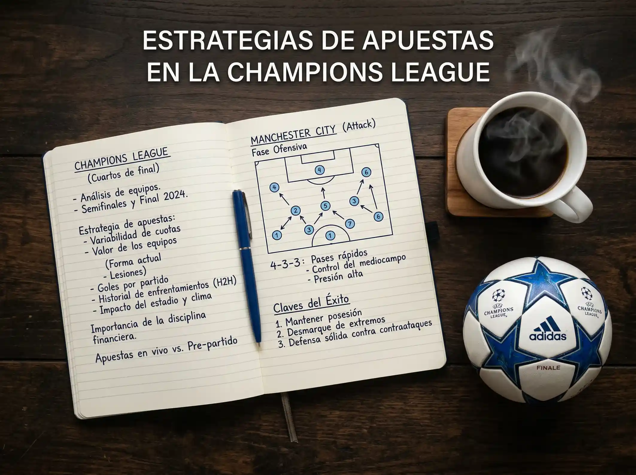 Estrategias de apuestas en la Champions League con cuaderno de análisis y balón de fútbol