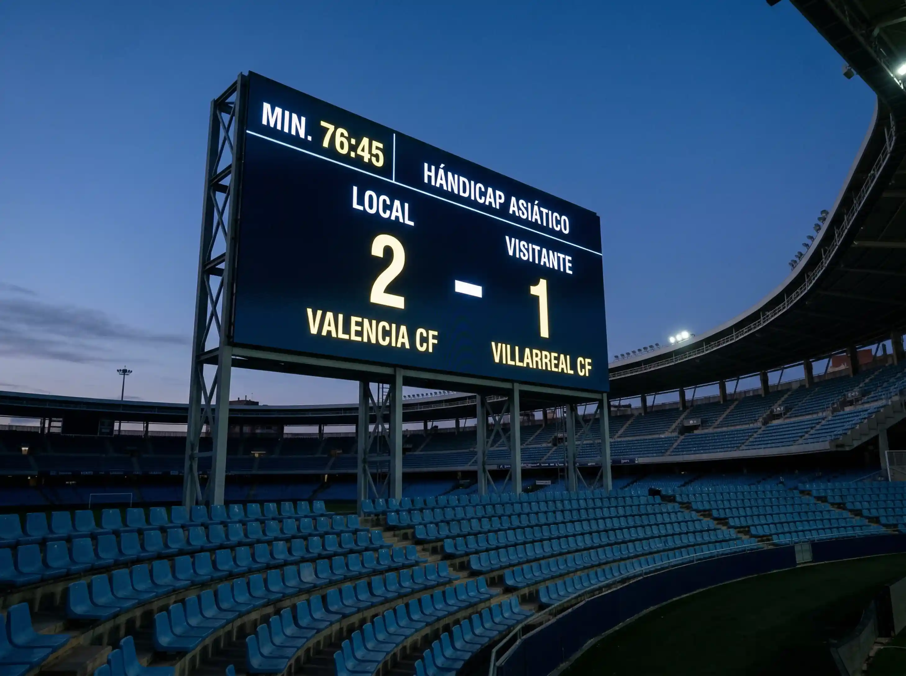 Marcador electronico de un estadio de futbol mostrando un resultado de partido