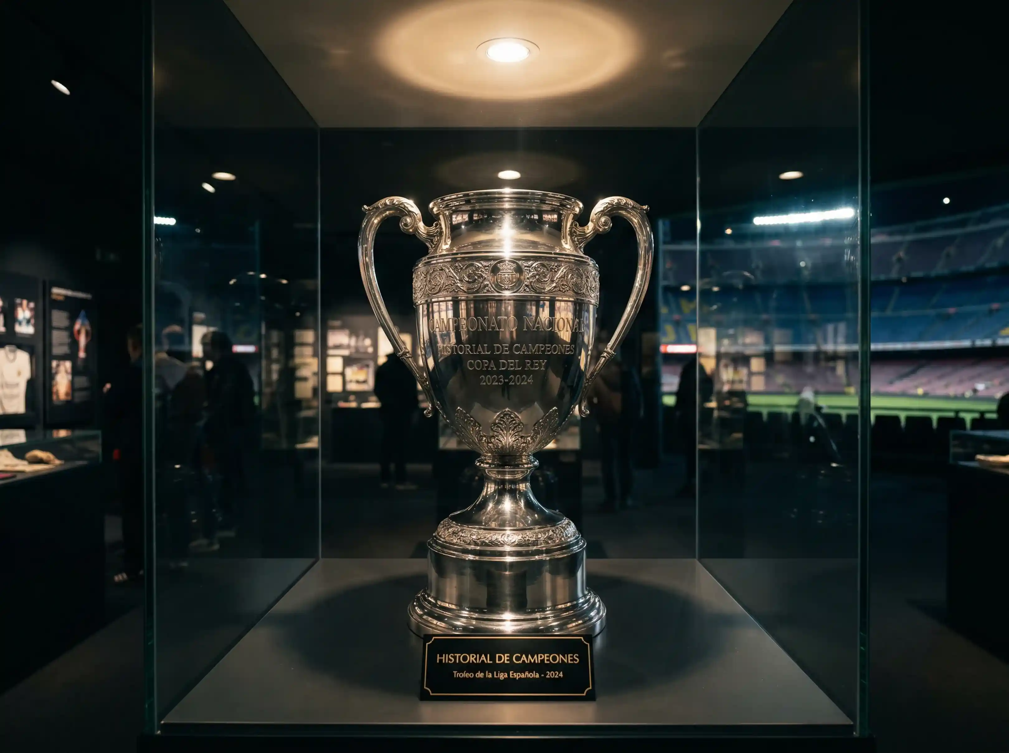 Trofeo de la Champions League iluminado en una vitrina de un estadio de futbol
