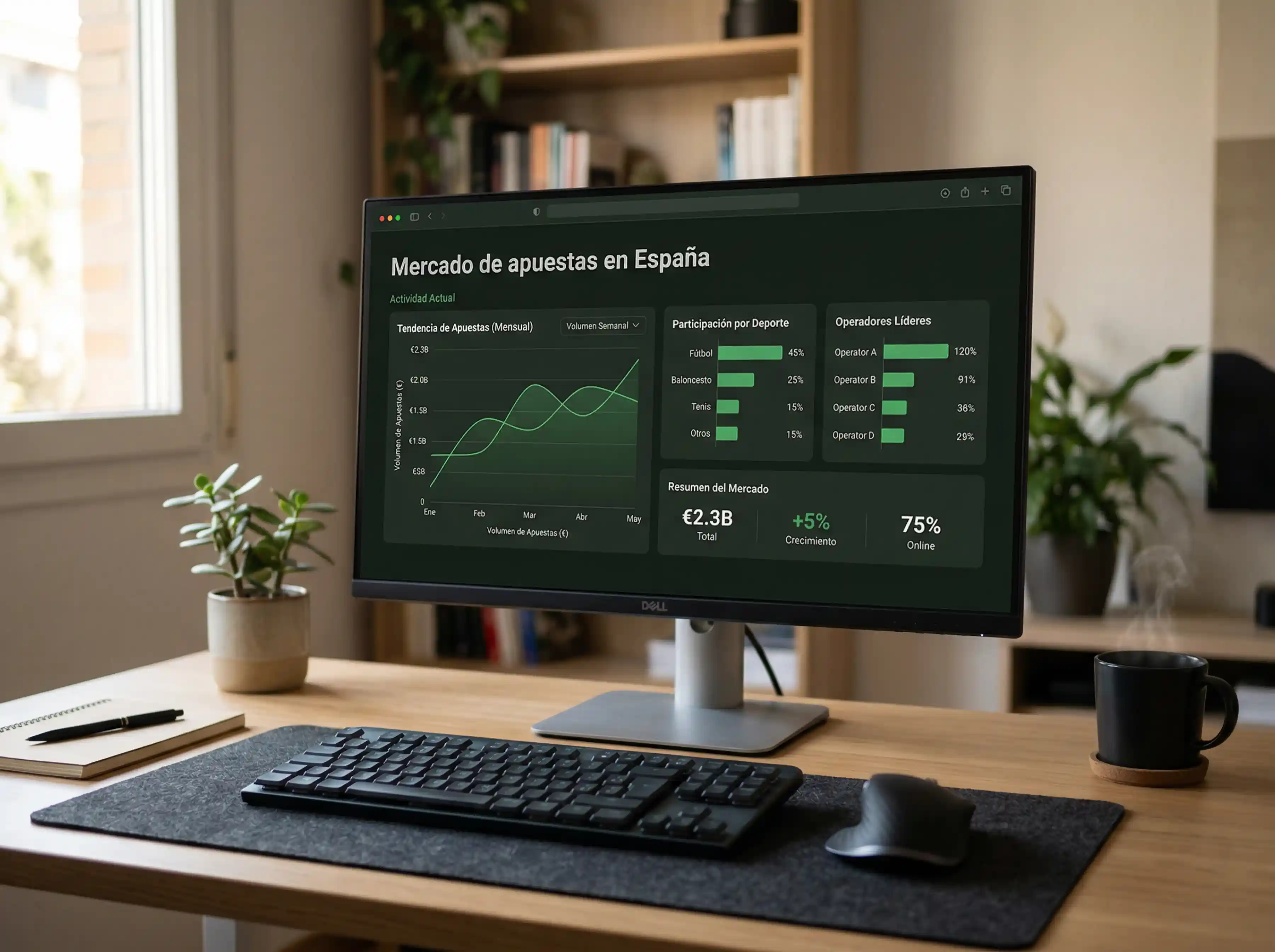 Pantalla de ordenador mostrando graficos de datos del mercado de apuestas deportivas