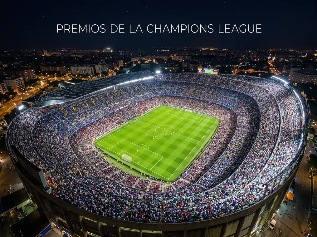 Estadio de futbol lleno de espectadores durante un partido nocturno de Champions League